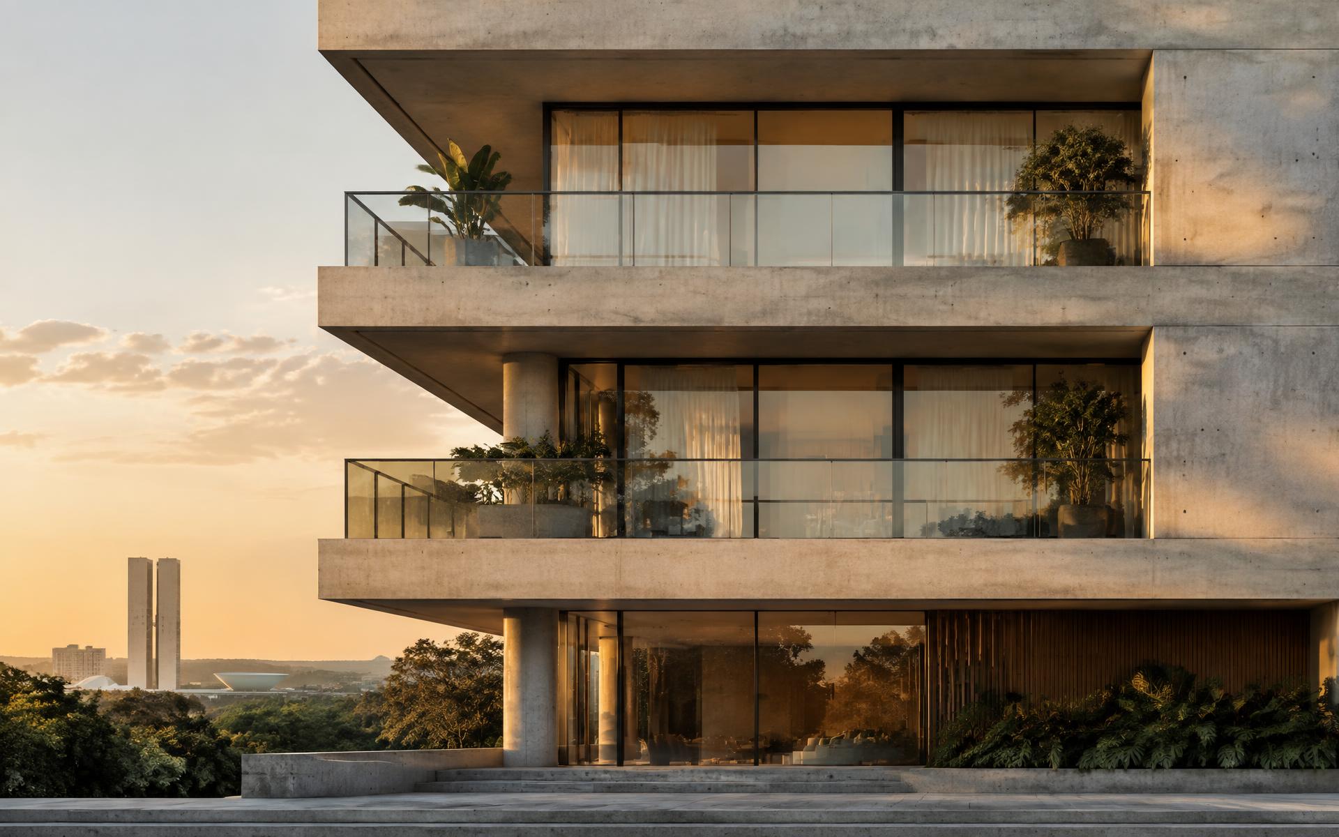 Fachada de edifício residencial de alto padrão em Brasília ao entardecer